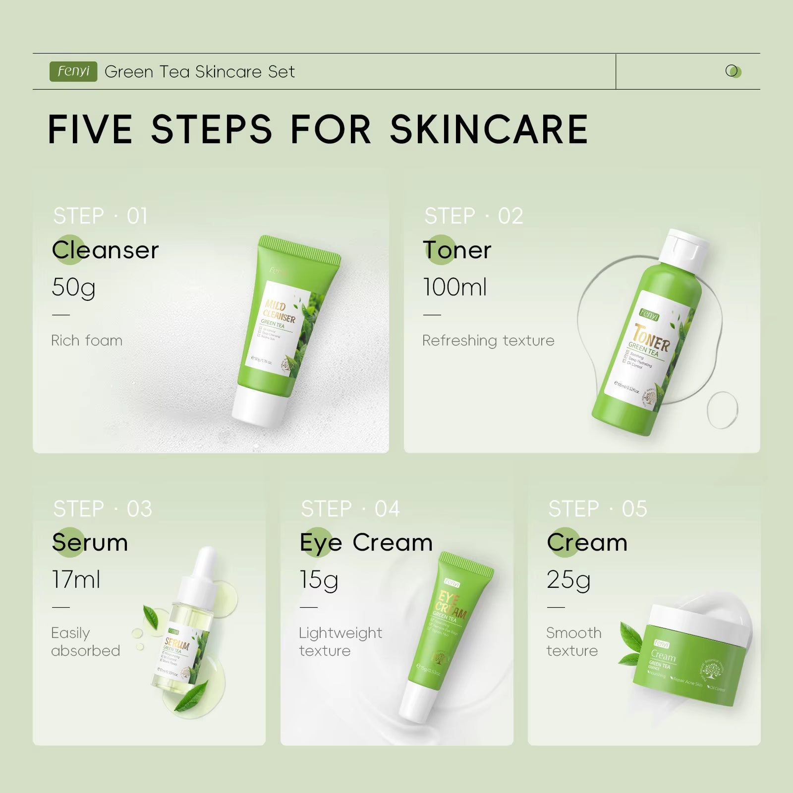 5Pcs/Box Skin Care Set Green Tea Facial Cleaner Soothes Skin Face Toner Tea Serum Moisturizing Cream Repairing Eye Cream Kits
