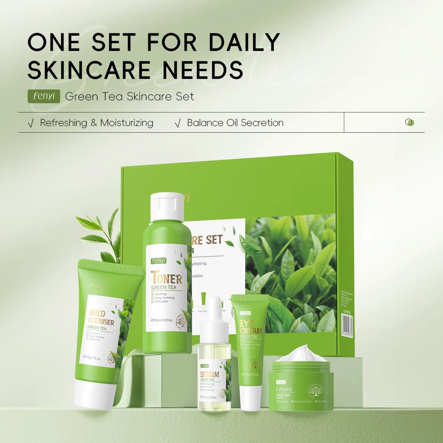5Pcs/Box Skin Care Set Green Tea Facial Cleaner Soothes Skin Face Toner Tea Serum Moisturizing Cream Repairing Eye Cream Kits