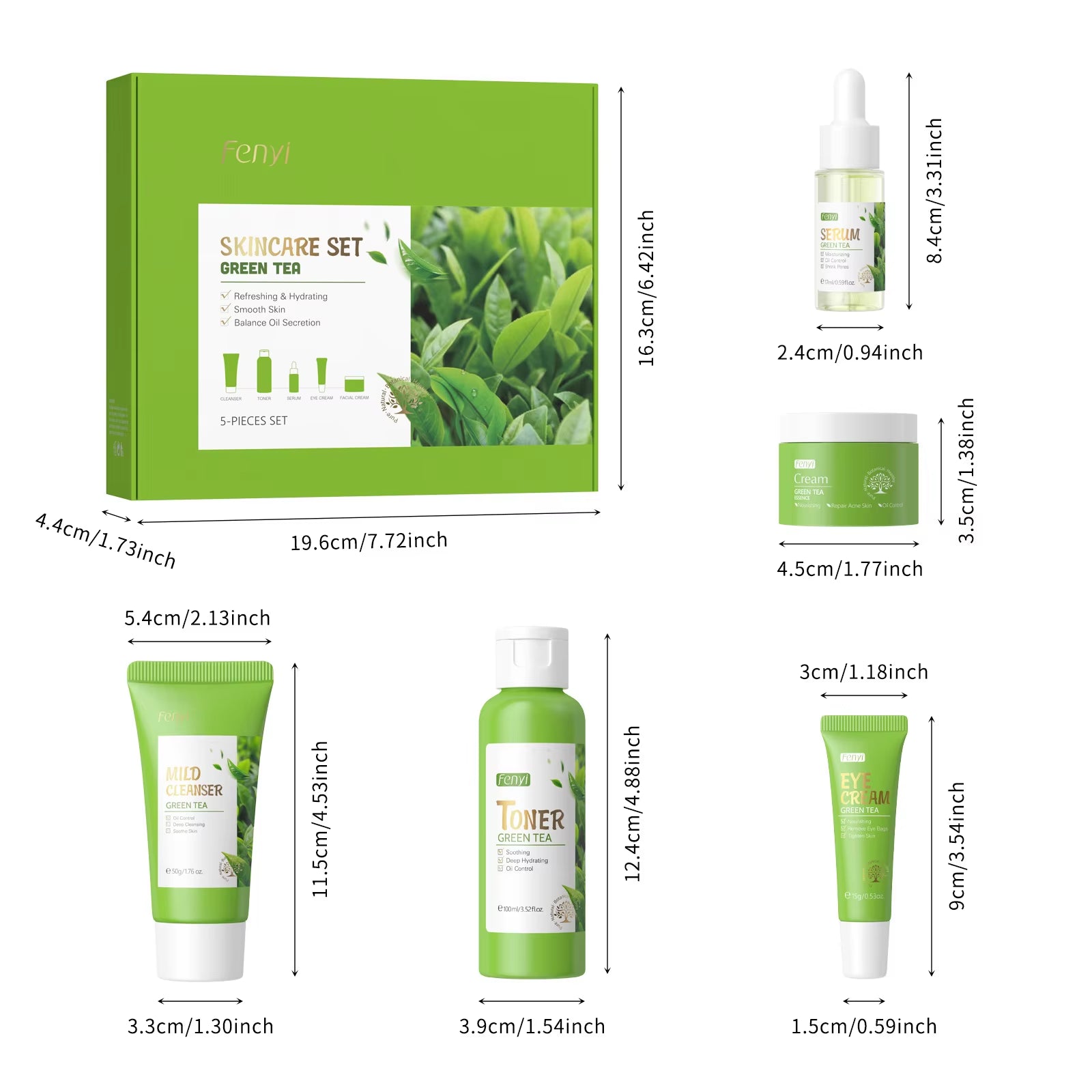 5Pcs/Box Skin Care Set Green Tea Facial Cleaner Soothes Skin Face Toner Tea Serum Moisturizing Cream Repairing Eye Cream Kits
